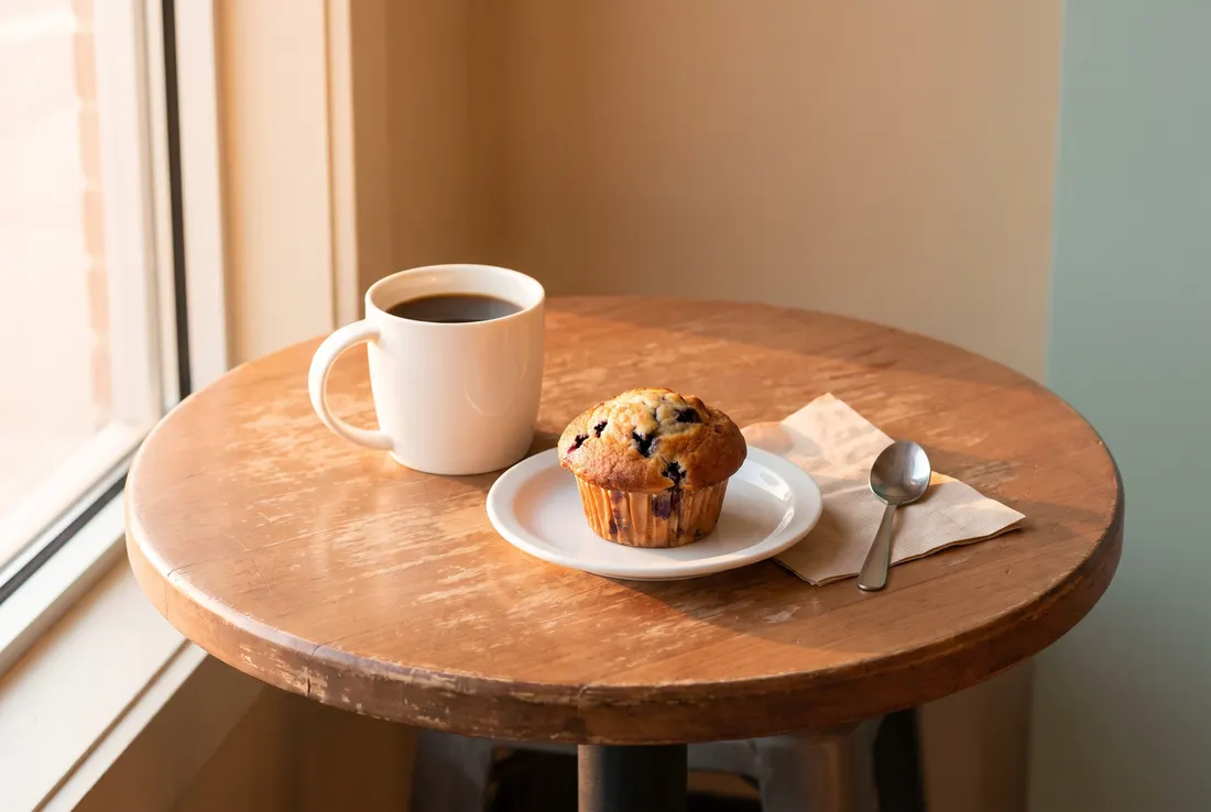 Coffee and a blueberry muffin on a café table