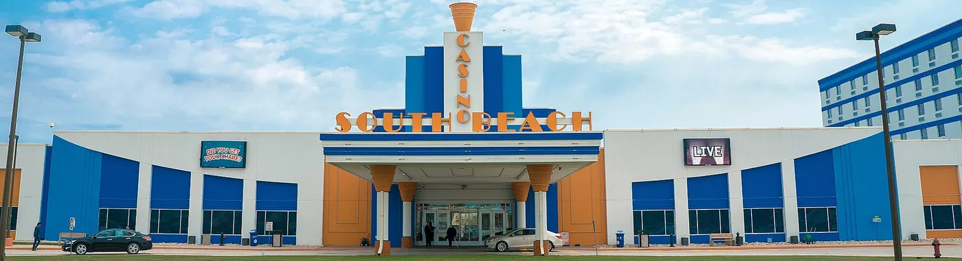 Art-deco front entrance of South Beach Casino & Resort