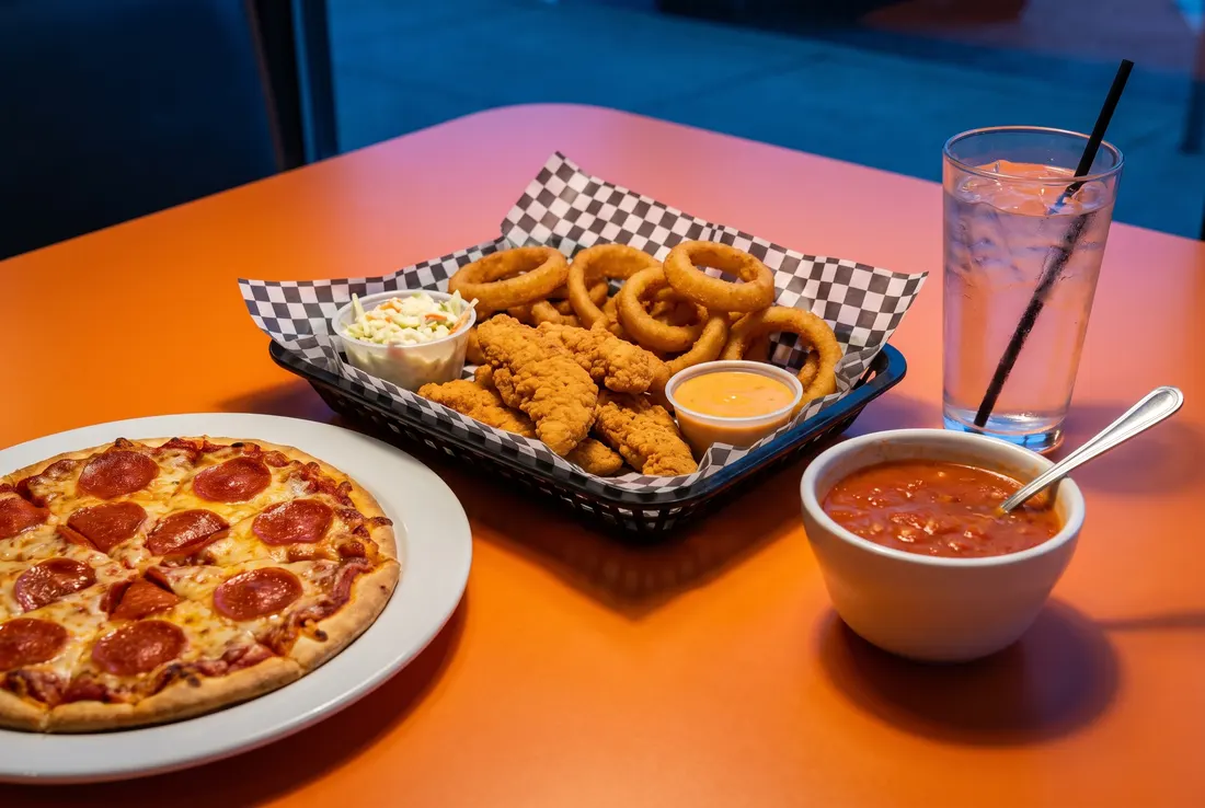 Chicken strips, onion rings and pizza at South Beach