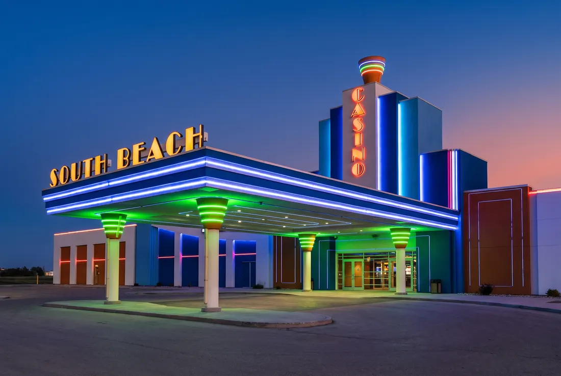 South Beach Casino entrance lit at blue hour